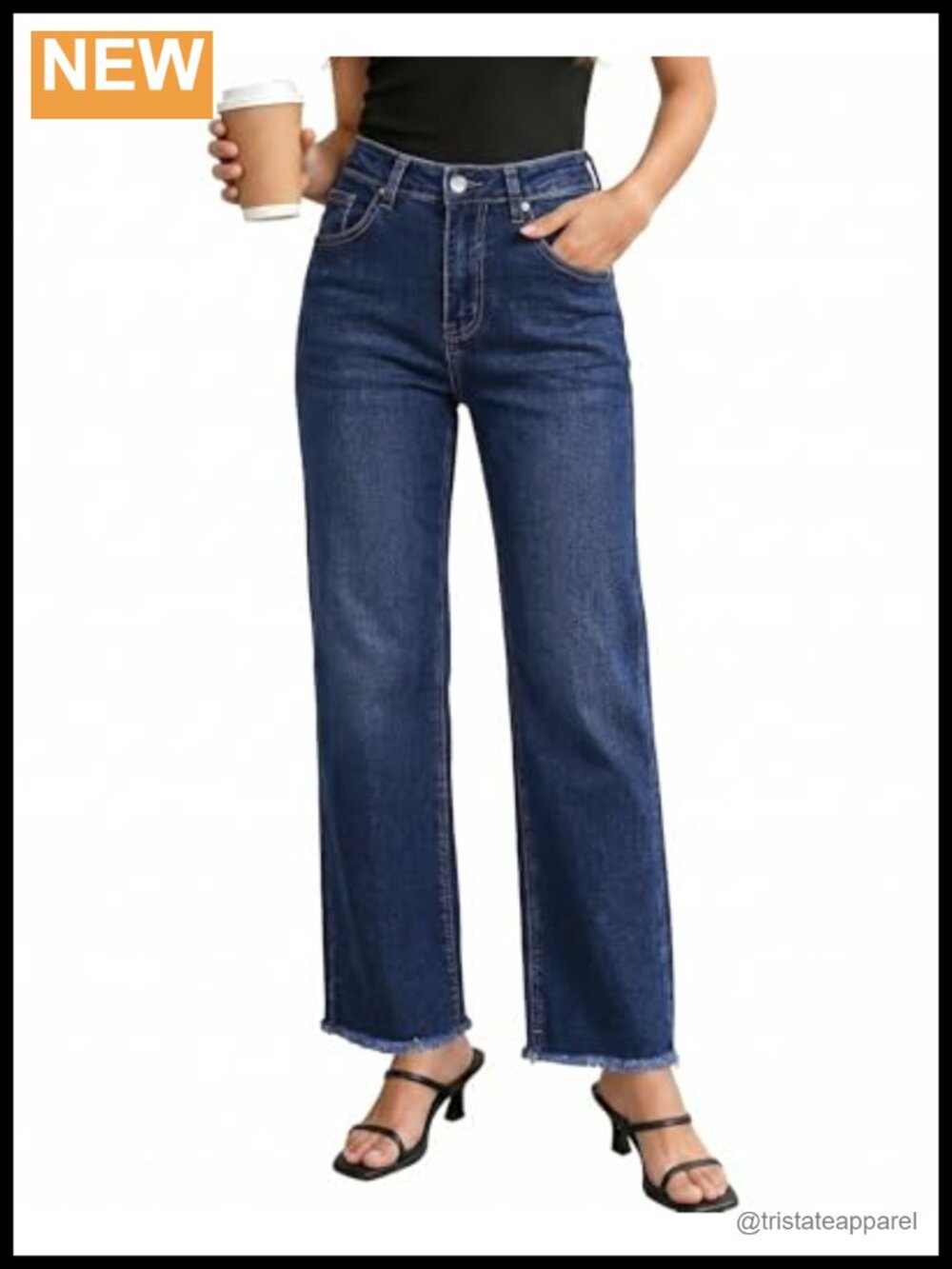 High Waisted Straight Leg Jeans Frayed Raw Hem Stretchy Denim Pants